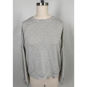 Emelia‎ Women M Striped Long Sleeve Shirt Ivory Navy Blue Cotton Stretch Casual